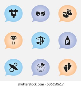 Set Of 9 Editable Kid Icons. Includes Symbols Such As Small Dresses, Footmark, Adorn And More. Can Be Used For Web, Mobile, UI And Infographic Design.