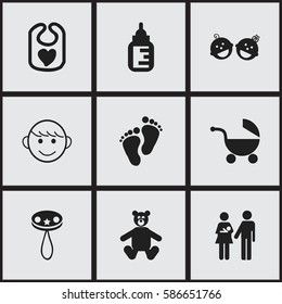 Set Of 9 Editable Kid Icons. Includes Symbols Such As Twins Babies, Merry Children, Lineage And More. Can Be Used For Web, Mobile, UI And Infographic Design.
