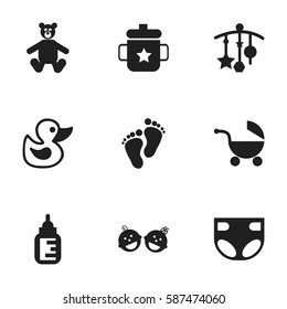 Set Of 9 Editable Kid Icons. Includes Symbols Such As Twins Babies, Nursing Bottle, Bath Toys And More. Can Be Used For Web, Mobile, UI And Infographic Design.