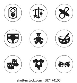 Set Of 9 Editable Kid Icons. Includes Symbols Such As Pinafore, Twins Babies, Small Dresses And More. Can Be Used For Web, Mobile, UI And Infographic Design.