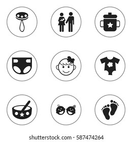 Set Of 9 Editable Kid Icons. Includes Symbols Such As Goplet, Lineage, Spoon And More. Can Be Used For Web, Mobile, UI And Infographic Design.