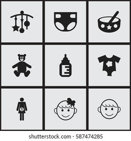 Set Of 9 Editable Kid Icons. Includes Symbols Such As Cheerful Child, Nappy, Spoon And More. Can Be Used For Web, Mobile, UI And Infographic Design.