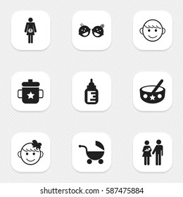Set Of 9 Editable Kid Icons. Includes Symbols Such As Goplet, Nursing Bottle, Lineage And More. Can Be Used For Web, Mobile, UI And Infographic Design.