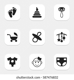 Set Of 9 Editable Kid Icons. Includes Symbols Such As Small Dresses, Rattle, Soothers And More. Can Be Used For Web, Mobile, UI And Infographic Design.