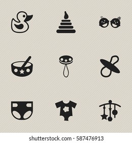Set Of 9 Editable Kid Icons. Includes Symbols Such As Adorn, Rattle, Soothers And More. Can Be Used For Web, Mobile, UI And Infographic Design.
