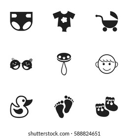 Set Of 9 Editable Kid Icons. Includes Symbols Such As Shoes For Babies, Twins Babies, Rattle And More. Can Be Used For Web, Mobile, UI And Infographic Design.