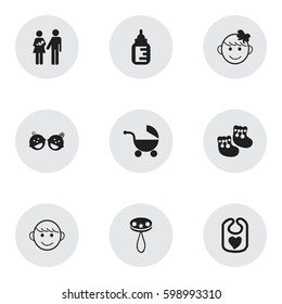 Set Of 9 Editable Kid Icons. Includes Symbols Such As Pinafore, Rattle, Lineage And More. Can Be Used For Web, Mobile, UI And Infographic Design.