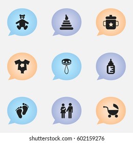 Set Of 9 Editable Kid Icons. Includes Symbols Such As Teddy, Goplet, Footmark And More. Can Be Used For Web, Mobile, UI And Infographic Design.