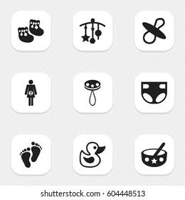 Set Of 9 Editable Kid Icons. Includes Symbols Such As Soothers, Shoes For Babies, Bath Toys And More. Can Be Used For Web, Mobile, UI And Infographic Design.