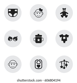 Set Of 9 Editable Kid Icons. Includes Symbols Such As Adorn, Cheerful Child, Merry Children And More. Can Be Used For Web, Mobile, UI And Infographic Design.