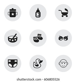 Set Of 9 Editable Kid Icons. Includes Symbols Such As Twins Babies, Goplet, Spoon And More. Can Be Used For Web, Mobile, UI And Infographic Design.
