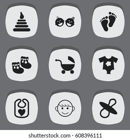 Set Of 9 Editable Kid Icons. Includes Symbols Such As Small Dresses, Stroller, Twins Babies And More. Can Be Used For Web, Mobile, UI And Infographic Design.