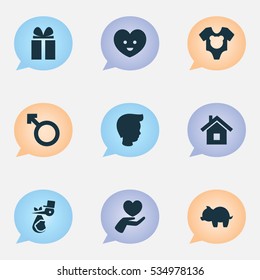 Set Of 9 Editable Kin Icons. Includes Symbols Such As Boy, Man Emblem, Child And More. Can Be Used For Web, Mobile, UI And Infographic Design.