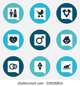 Set Of 9 Editable Kin Icons. Includes Symbols Such As Married, Soul, Hoop And More. Can Be Used For Web, Mobile, UI And Infographic Design.