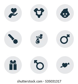 Set Of 9 Editable Kin Icons. Includes Symbols Such As Woman Sign, Baby, Gift And More. Can Be Used For Web, Mobile, UI And Infographic Design.