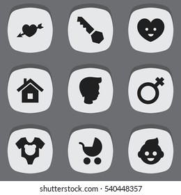 Set Of 9 Editable Kin Icons. Includes Symbols Such As Lock, Love, Home And More. Can Be Used For Web, Mobile, UI And Infographic Design.