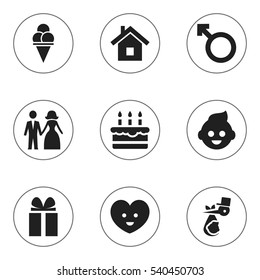 Set Of 9 Editable Kin Icons. Includes Symbols Such As Home, Man Emblem, Patisserie And More. Can Be Used For Web, Mobile, UI And Infographic Design.