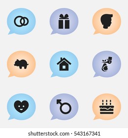 Set Of 9 Editable Kin Icons. Includes Symbols Such As Home, Moneybox, Hoop And More. Can Be Used For Web, Mobile, UI And Infographic Design.