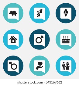 Set Of 9 Editable Kin Icons. Includes Symbols Such As Moneybox, Cold Dessert, Patisserie And More. Can Be Used For Web, Mobile, UI And Infographic Design.