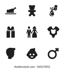 Set Of 9 Editable Kin Icons. Includes Symbols Such As Fried Chicken, Woman Sign, Married And More. Can Be Used For Web, Mobile, UI And Infographic Design.