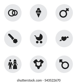 Set Of 9 Editable Kin Icons. Includes Symbols Such As Woman Sign, Man Emblem, Cold Dessert And More. Can Be Used For Web, Mobile, UI And Infographic Design.