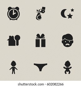 Set Of 9 Editable Kin Icons. Includes Symbols Such As Underwear, Midnight, Child And More. Can Be Used For Web, Mobile, UI And Infographic Design.