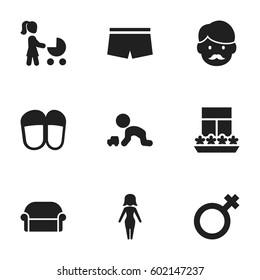 Set Of 9 Editable Kin Icons. Includes Symbols Such As Balcony, Home Shoes, Canape And More. Can Be Used For Web, Mobile, UI And Infographic Design.