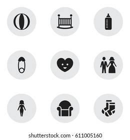 Set Of 9 Editable Kin Icons. Includes Symbols Such As Soul, Child Cot, Fasten And More. Can Be Used For Web, Mobile, UI And Infographic Design.