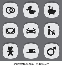 Set Of 9 Editable Kin Icons. Includes Symbols Such As Bath Toys, Toy, Tub And More. Can Be Used For Web, Mobile, UI And Infographic Design.