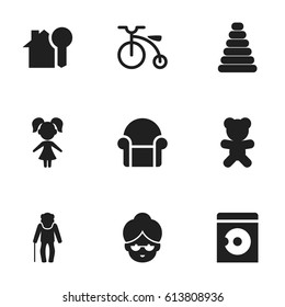 Set Of 9 Editable Kin Icons. Includes Symbols Such As Toy, Grandma, Grandpa. Can Be Used For Web, Mobile, UI And Infographic Design.