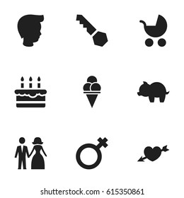 Set Of 9 Editable Kin Icons. Includes Symbols Such As Patisserie, Perambulator, Lock And More. Can Be Used For Web, Mobile, UI And Infographic Design.