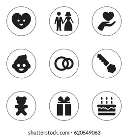 Set Of 9 Editable Kin Icons. Includes Symbols Such As Gift, Heart, Patisserie And More. Can Be Used For Web, Mobile, UI And Infographic Design.