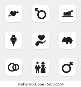Set Of 9 Editable Kin Icons. Includes Symbols Such As Married, Cold Dessert, Fried Chicken And More. Can Be Used For Web, Mobile, UI And Infographic Design.