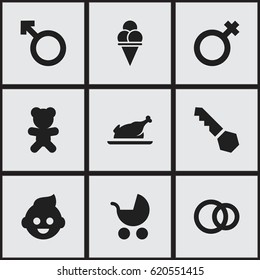 Set Of 9 Editable Kin Icons. Includes Symbols Such As Baby, Lock, Man Emblem And More. Can Be Used For Web, Mobile, UI And Infographic Design.