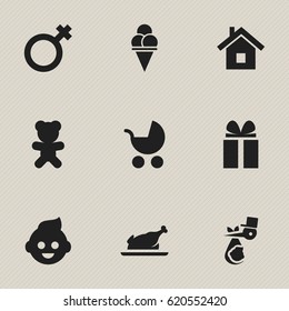 Set Of 9 Editable Kin Icons. Includes Symbols Such As Toy, Child, Baby And More. Can Be Used For Web, Mobile, UI And Infographic Design.