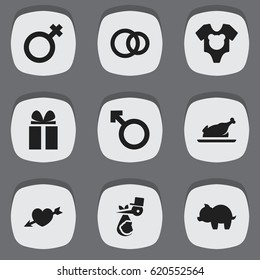 Set Of 9 Editable Kin Icons. Includes Symbols Such As Child, Man Emblem, Love And More. Can Be Used For Web, Mobile, UI And Infographic Design.