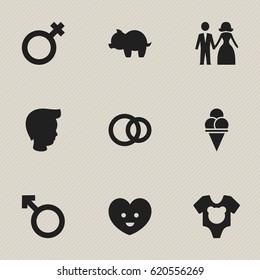 Set Of 9 Editable Kin Icons. Includes Symbols Such As Bodysuit, Boy, Married And More. Can Be Used For Web, Mobile, UI And Infographic Design.