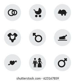 Set Of 9 Editable Kin Icons. Includes Symbols Such As Perambulator, Bodysuit, Married And More. Can Be Used For Web, Mobile, UI And Infographic Design.