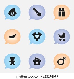 Set Of 9 Editable Kin Icons. Includes Symbols Such As Woman Sign, Perambulator, Toy And More. Can Be Used For Web, Mobile, UI And Infographic Design.
