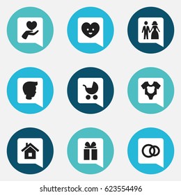 Set Of 9 Editable Kin Icons. Includes Symbols Such As Married, Heart, Boy And More. Can Be Used For Web, Mobile, UI And Infographic Design.