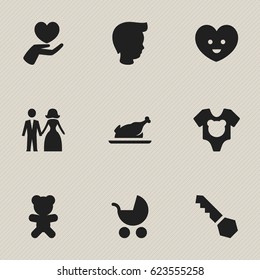 Set Of 9 Editable Kin Icons. Includes Symbols Such As Perambulator, Lock, Heart And More. Can Be Used For Web, Mobile, UI And Infographic Design.