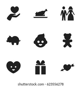Set Of 9 Editable Kin Icons. Includes Symbols Such As Toy, Baby, Heart And More. Can Be Used For Web, Mobile, UI And Infographic Design.