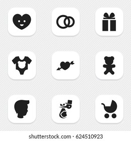Set Of 9 Editable Kin Icons. Includes Symbols Such As Hoop, Soul, Perambulator And More. Can Be Used For Web, Mobile, UI And Infographic Design.