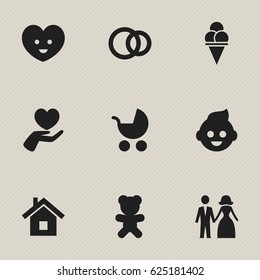 Set Of 9 Editable Kin Icons. Includes Symbols Such As Cold Dessert, Married, Home And More. Can Be Used For Web, Mobile, UI And Infographic Design.