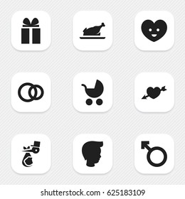 Set Of 9 Editable Kin Icons. Includes Symbols Such As Soul, Love, Man Emblem And More. Can Be Used For Web, Mobile, UI And Infographic Design.
