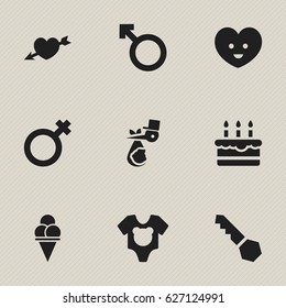 Set Of 9 Editable Kin Icons. Includes Symbols Such As Patisserie, Child, Woman Sign And More. Can Be Used For Web, Mobile, UI And Infographic Design.