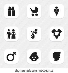 Set Of 9 Editable Kin Icons. Includes Symbols Such As Gift, Perambulator, Cold Dessert And More. Can Be Used For Web, Mobile, UI And Infographic Design.