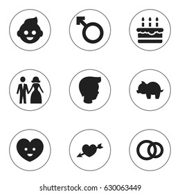 Set Of 9 Editable Kin Icons. Includes Symbols Such As Baby, Soul, Moneybox And More. Can Be Used For Web, Mobile, UI And Infographic Design.