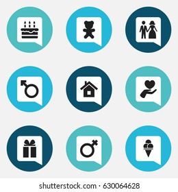 Set Of 9 Editable Kin Icons. Includes Symbols Such As Heart, Married, Woman Sign And More. Can Be Used For Web, Mobile, UI And Infographic Design.