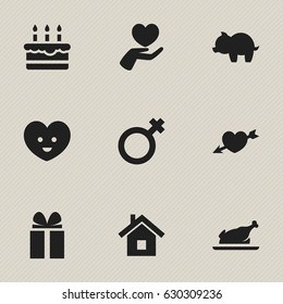 Set Of 9 Editable Kin Icons. Includes Symbols Such As Woman Sign, Patisserie, Home And More. Can Be Used For Web, Mobile, UI And Infographic Design.